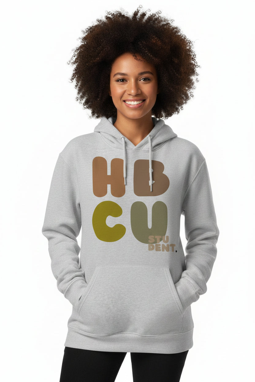 Woman wearing the APWT Gift Shop's HBCU Student Premium Unisex Hoodie from the Black Collection and the Premium Basics Collection