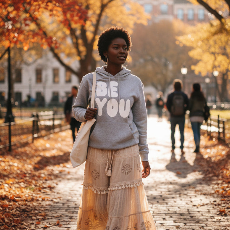 Woman walking through a city park on an autumn day wearing the APWT Gift Shop's Be You in Grey and White Premium Unisex Hoodie from the Be You Collection