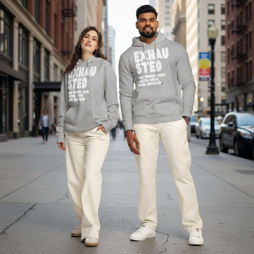 Exhausted in Grey and White Premium Unisex Hoodie