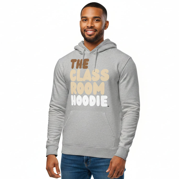 Man wearing the APWT Gift Shop's the Classroom Hoodie Premium Unisex Hoodie from the Day in the Life Collection in Grey