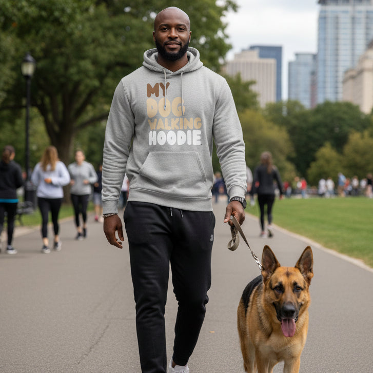 Man walking through a city park with a dog wearing the APWT Gift Shop's My Dog Walking Hoodie Premium Unisex Hoodie from the Day in the Life Collection in Grey