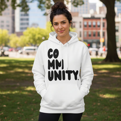 Woman wearing the APWT Gift Shop's Community in Black and White Premium Unisex White Hoodie from the Community Collection and the Premium Basics Collection