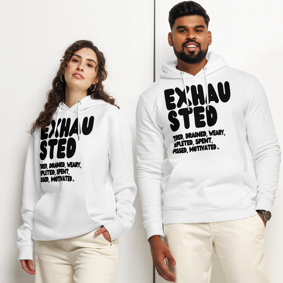 Exhausted in Black and White Premium Unisex White Hoodie - The APWT Gift Shop