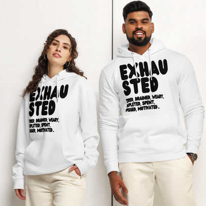 Exhausted in Black and White Premium Unisex White Hoodie - The APWT Gift Shop