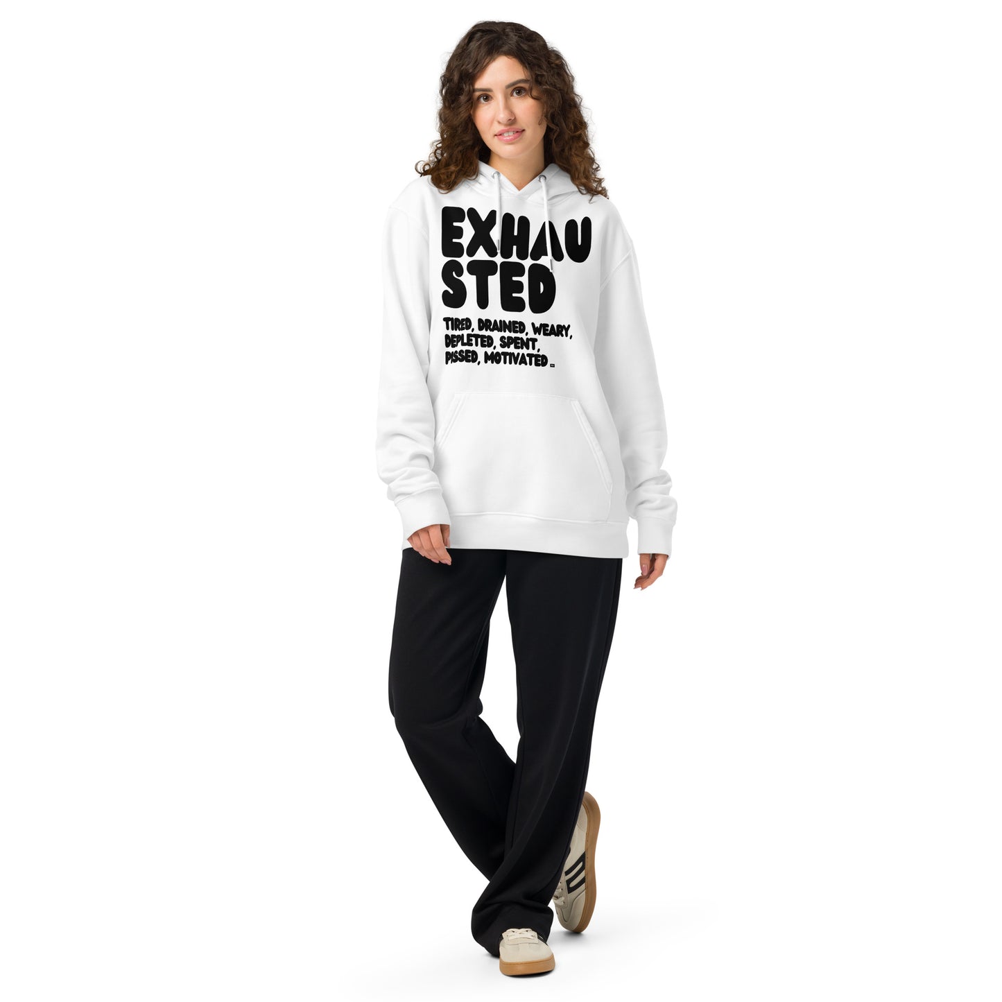 Exhausted in Black and White Premium Unisex White Hoodie - The APWT Gift Shop