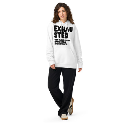 Exhausted in Black and White Premium Unisex White Hoodie - The APWT Gift Shop