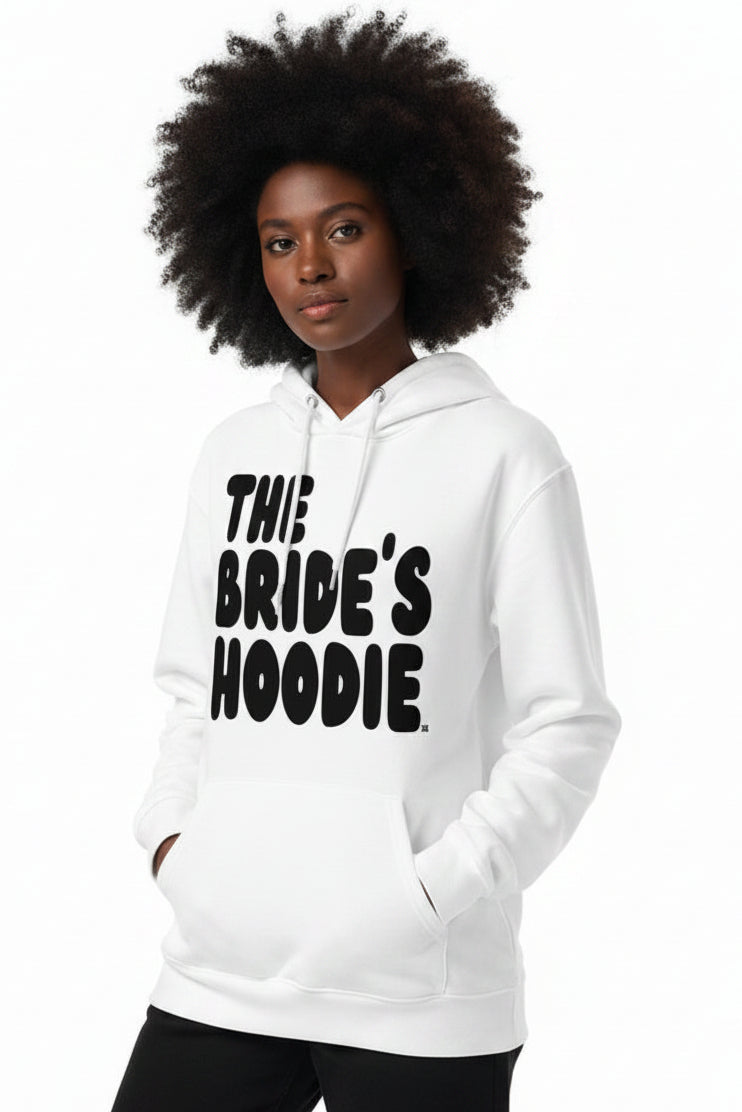 Woman wearing the APWT Gift Shop's the Bride's Hoodie Premium White Hoodie from the APWT Wedding Shop