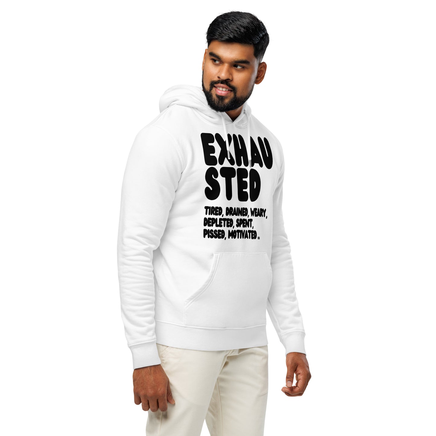 Exhausted in Black and White Premium Unisex White Hoodie - The APWT Gift Shop
