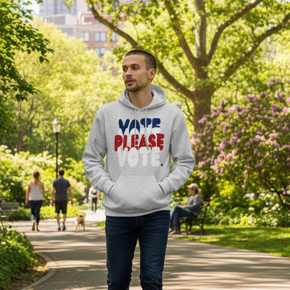 Man wearing the APWT Gift Shop's Please Vote Unisex Hoodie from the APWT Vote Shop in Grey