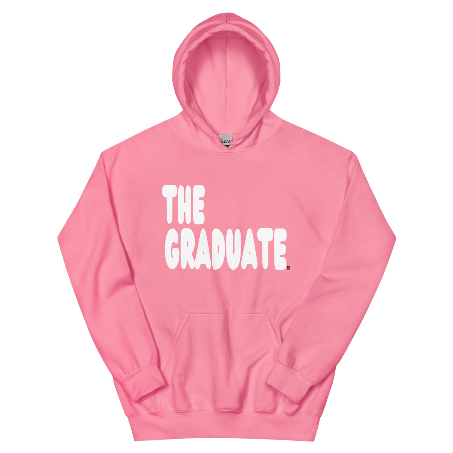 Pink hoodie with 'THE GRADUATE' text on a white background