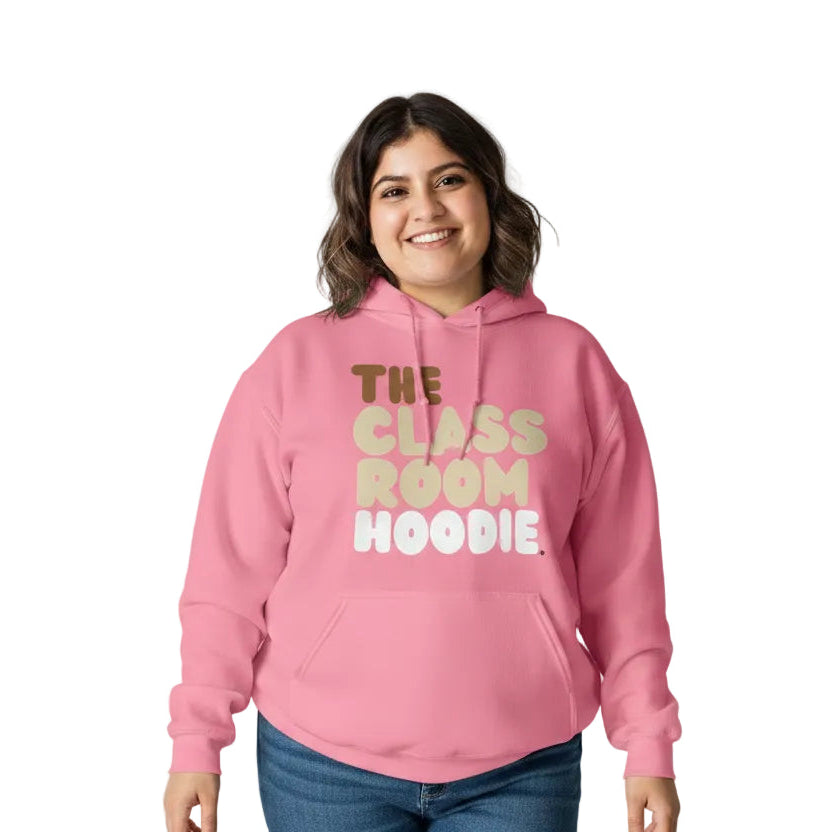 Woman wearing The APWT Gift Shop's the Classroom Hoodie Unisex Hoodie from the Day in the Life Collection in Pink