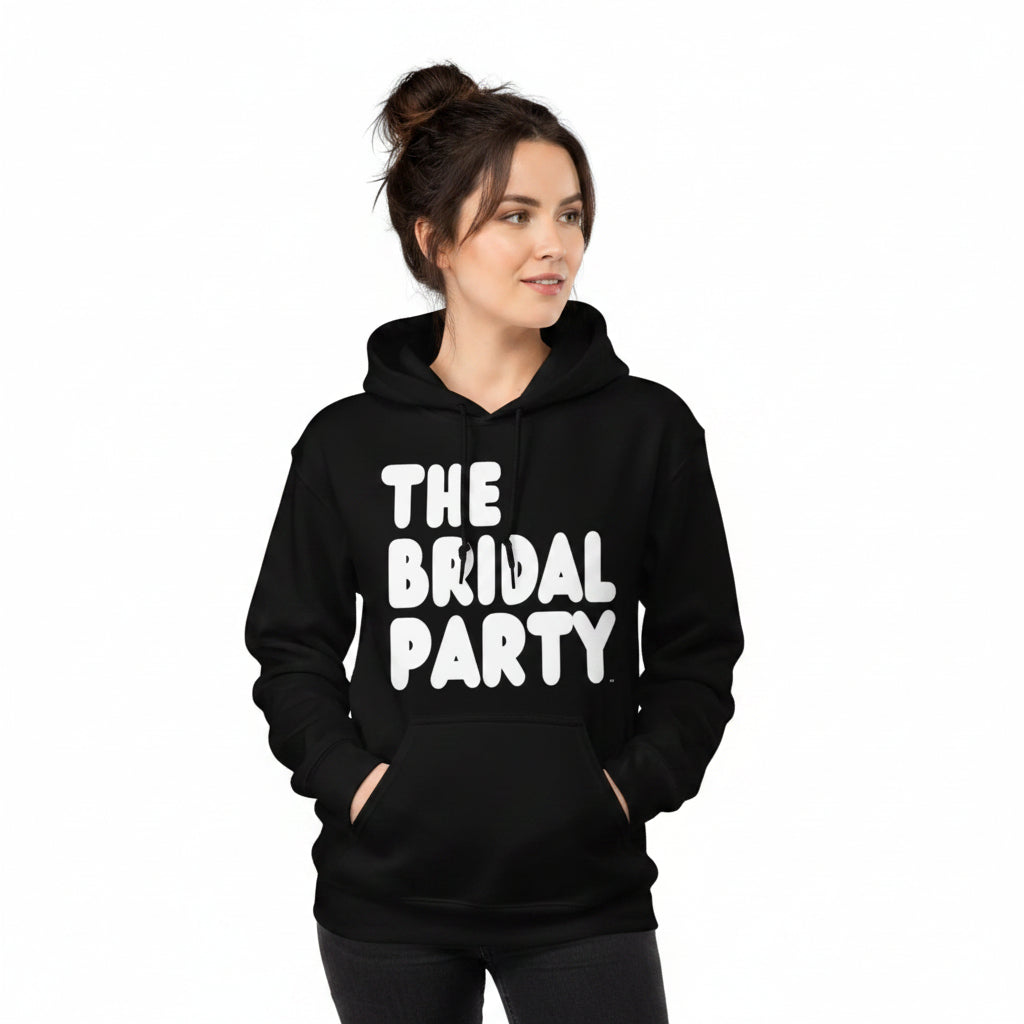 Woman wearing The APWT Gift Shop's the Bridal Party Unisex Hoodie from the APWT Wedding Shop in Black