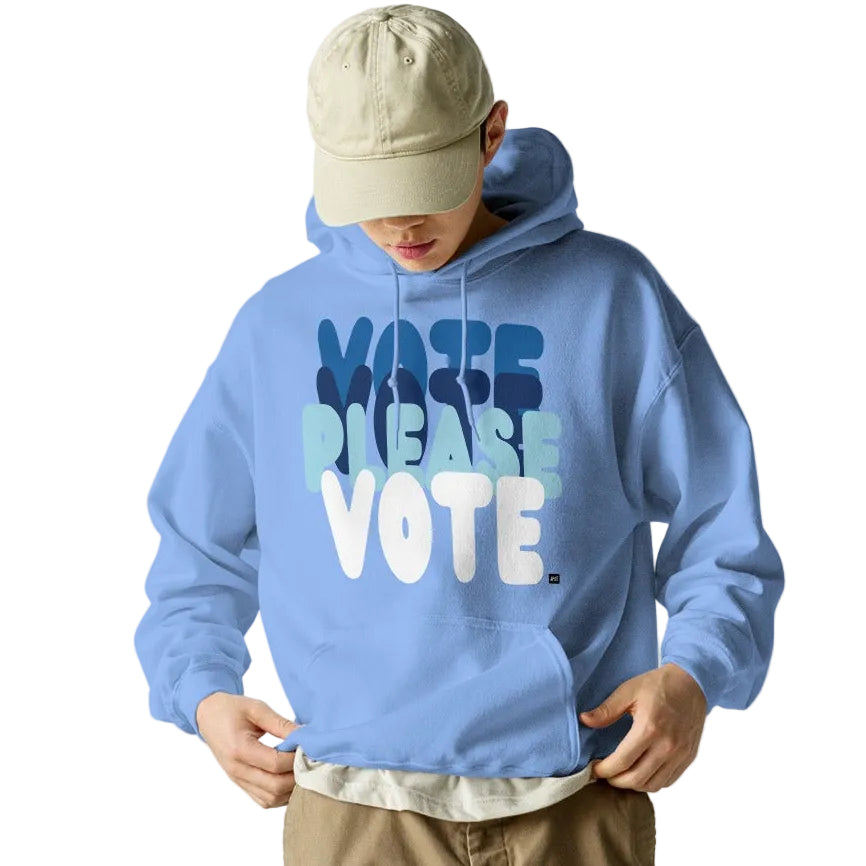 Man wearing Please Vote in Sky Blue Unisex Hoodie from the APWT Gift Shop -  Vote Advocacy Sweatshirt