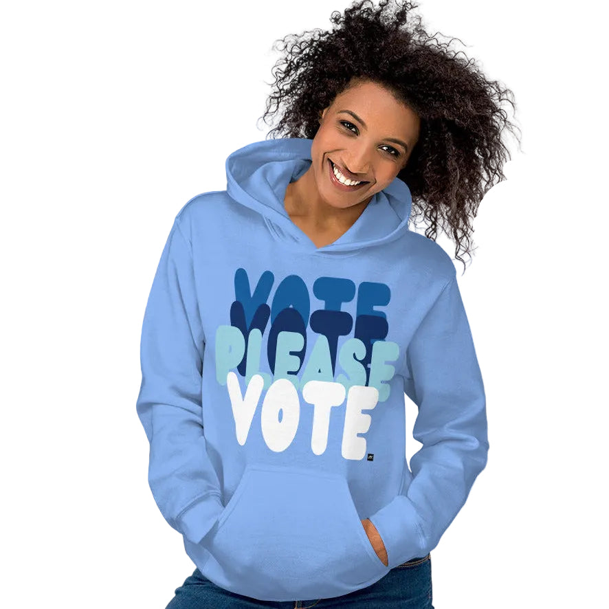 Woman wearing Please Vote in Sky Blue Unisex Hoodie from the APWT Gift Shop -  Vote Advocacy Sweatshirt