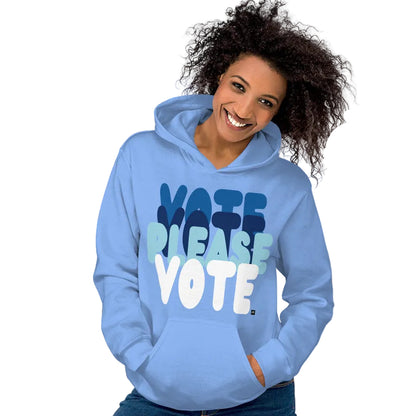 Woman wearing Please Vote in Sky Blue Unisex Hoodie from the APWT Gift Shop -  Vote Advocacy Sweatshirt