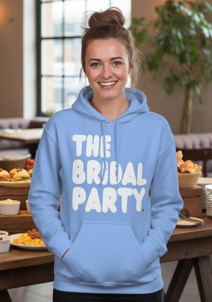 Woman wearing The APWT Gift Shop's the Bridal Party Unisex Hoodie from the APWT Wedding Shop in Light Blue