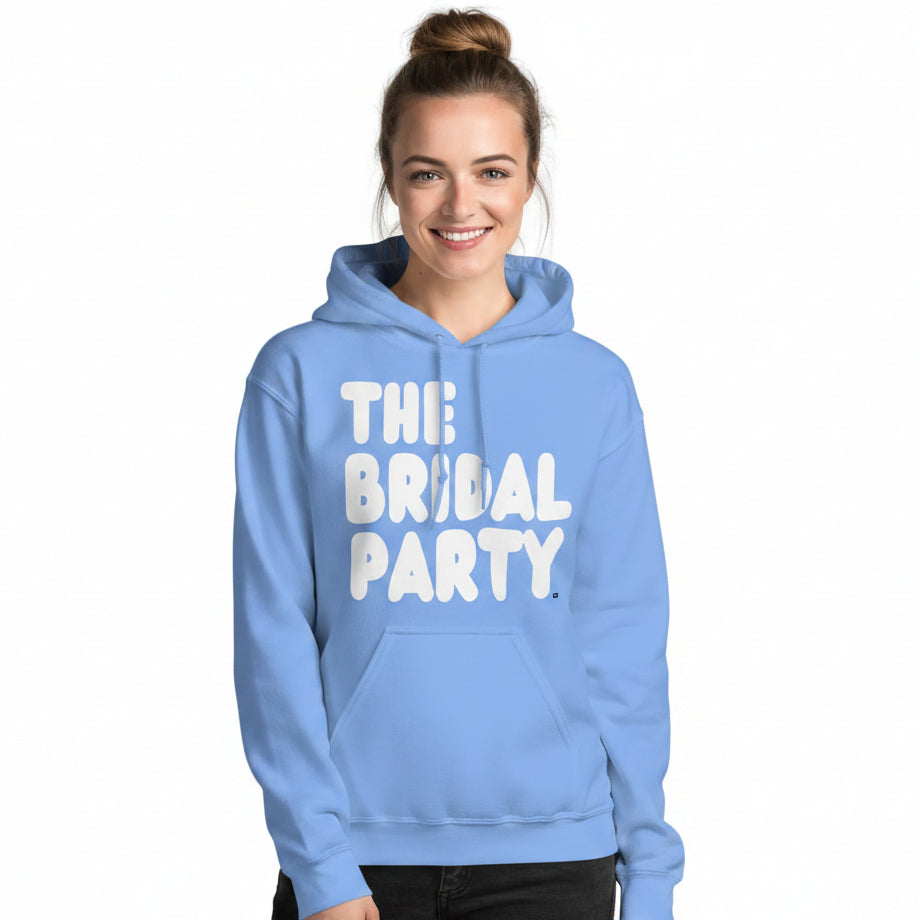 Woman wearing The APWT Gift Shop's the Bridal Party Unisex Hoodie from the APWT Wedding Shop in Light Blue