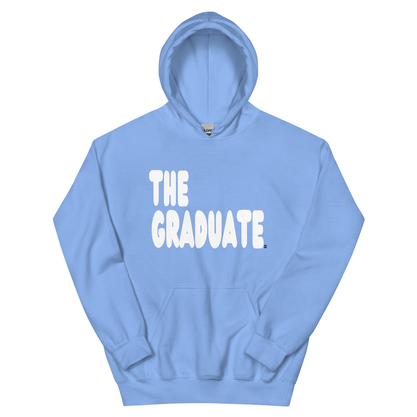 Light blue hoodie with 'THE GRADUATE' text on a white background