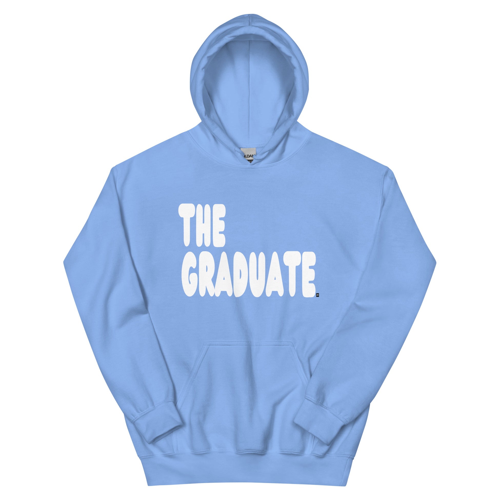 Light blue hoodie with 'THE GRADUATE' text on a white background