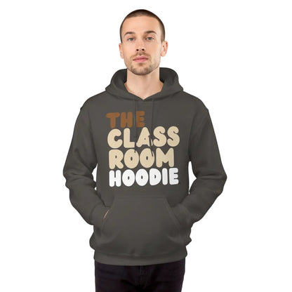 young man wearing the APWT Gift Shop's the Classroom Hoodie Unisex Hoodie from the Day in the Life Collection in charcoal grey