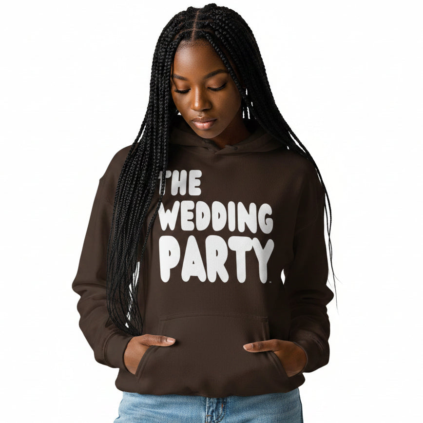 Woman wearing the APWT Gift Shop's The Wedding Party Unisex Hoodie from the APWT Wedding Shop in Brown