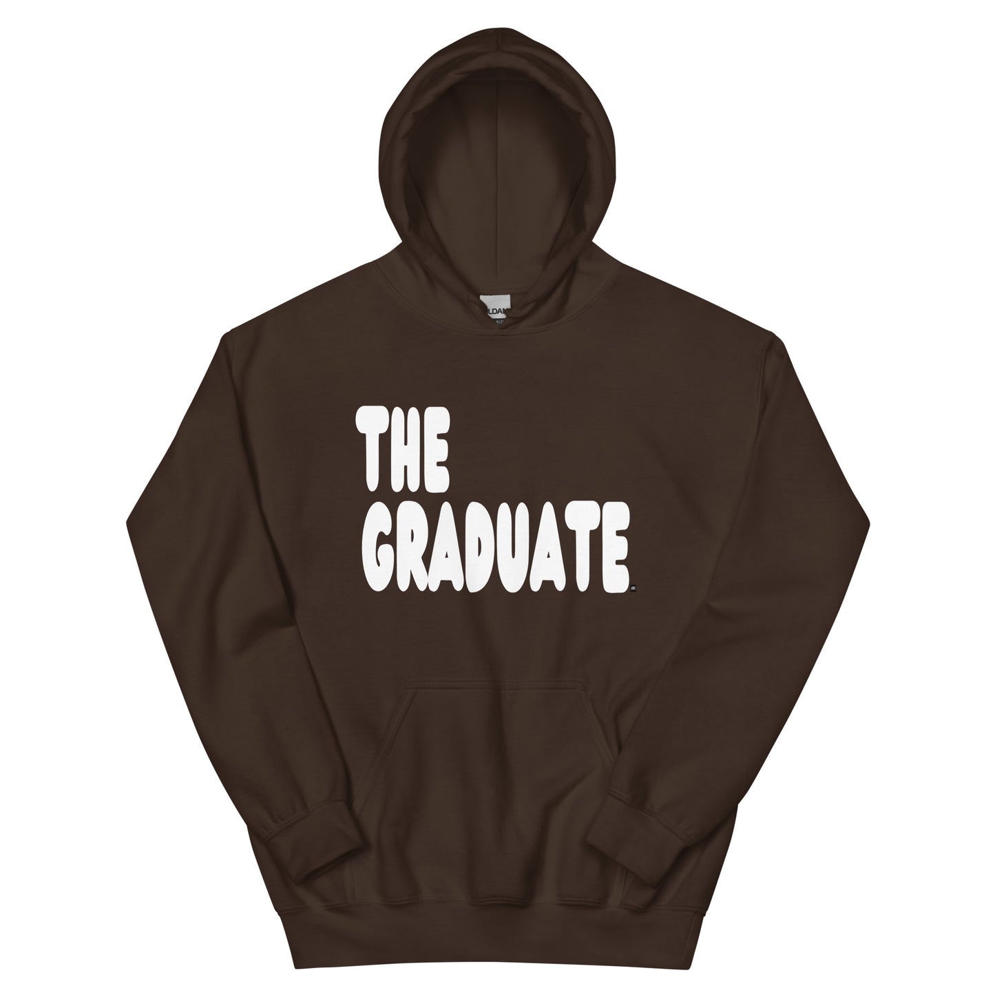Brown hoodie with 'THE GRADUATE' text on a white background