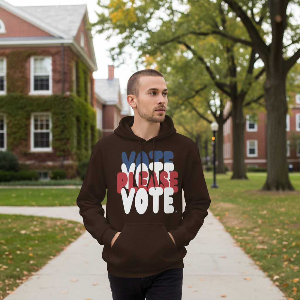 Man wearing the APWT Gift Shop's Please Vote Unisex Hoodie from the APWT Vote Shop in Brown