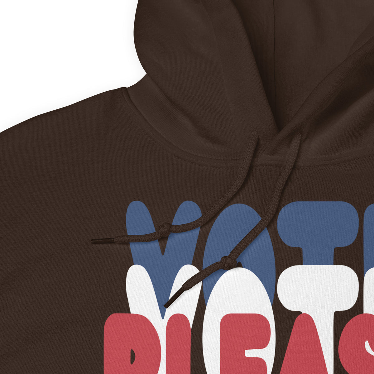 The APWT Gift shop's Please Vote Unisex Hoodie in Brown from the APWT Vote Shop close up of drawstring on hood