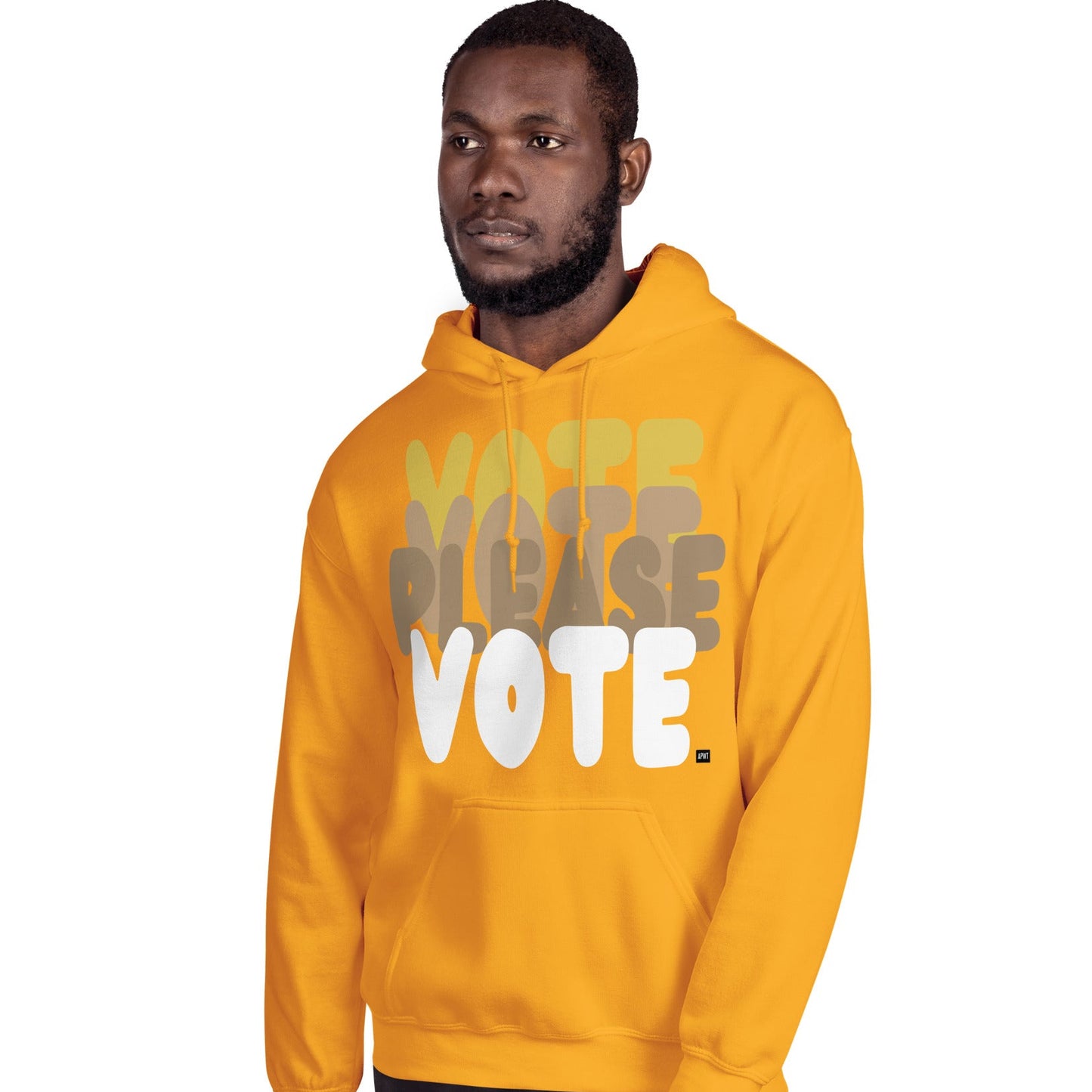 Man wearing Please Vote in Sunny Yellow Unisex Hoodie from the APWT Gift Shop -  Vote Advocacy Sweatshirt