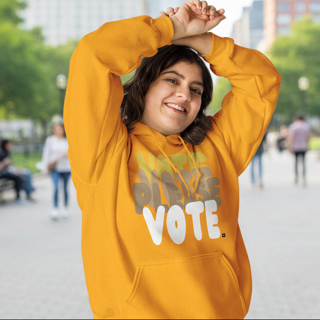 Woman in Please Vote in Sunny Yellow Unisex Hoodie from the APWT Gift Shop -  Vote Advocacy Sweatshirt