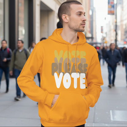Man walking down a city street wearing the APWT Gift Shop's Please Vote in Sunny Yellow Unisex Hoodie from the APWT Vote Shop