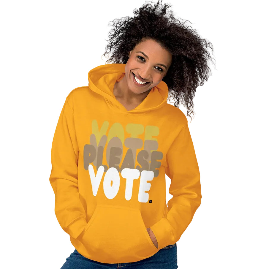 Woman wearing Please Vote in Sunny Yellow Unisex Hoodie from the APWT Gift Shop -  Vote Advocacy Sweatshirt