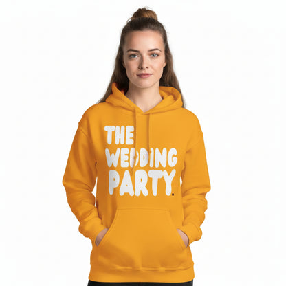 Woman wearing the APWT Gift Shop's The Wedding Party Unisex Hoodie from the APWT Wedding Shop in Yellow/Gold