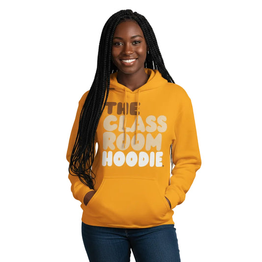 young woman wearing the APWT Gift Shop's the Classroom Hoodie Unisex Hoodie from the Day in the Life Collection in yellow/gold