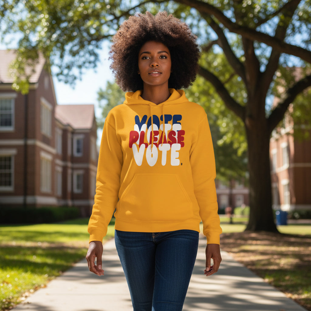 Woman wearing the APWT Gift Shop's Please Vote Unisex Hoodie from the APWT Vote Shop in Gold/Yellow