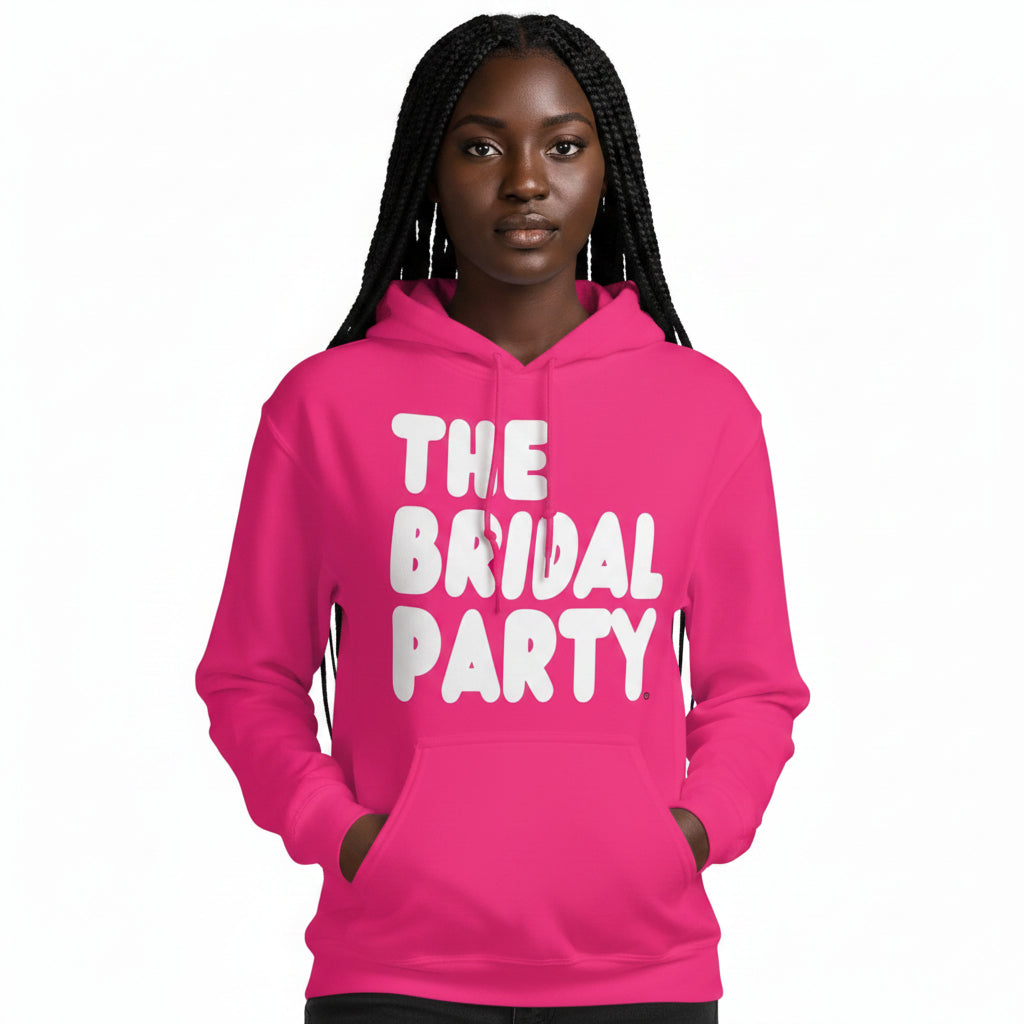 Woman wearing The APWT Gift Shop's the Bridal Party Unisex Hoodie from the APWT Wedding Shop in Hot Pink