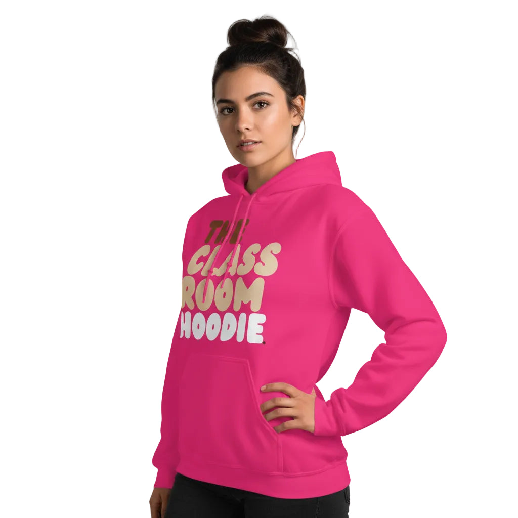 girl wearing the APWT Gift Shop's the Classroom Hoodie Unisex Hoodie from the Day in the Life Collection in hot pink