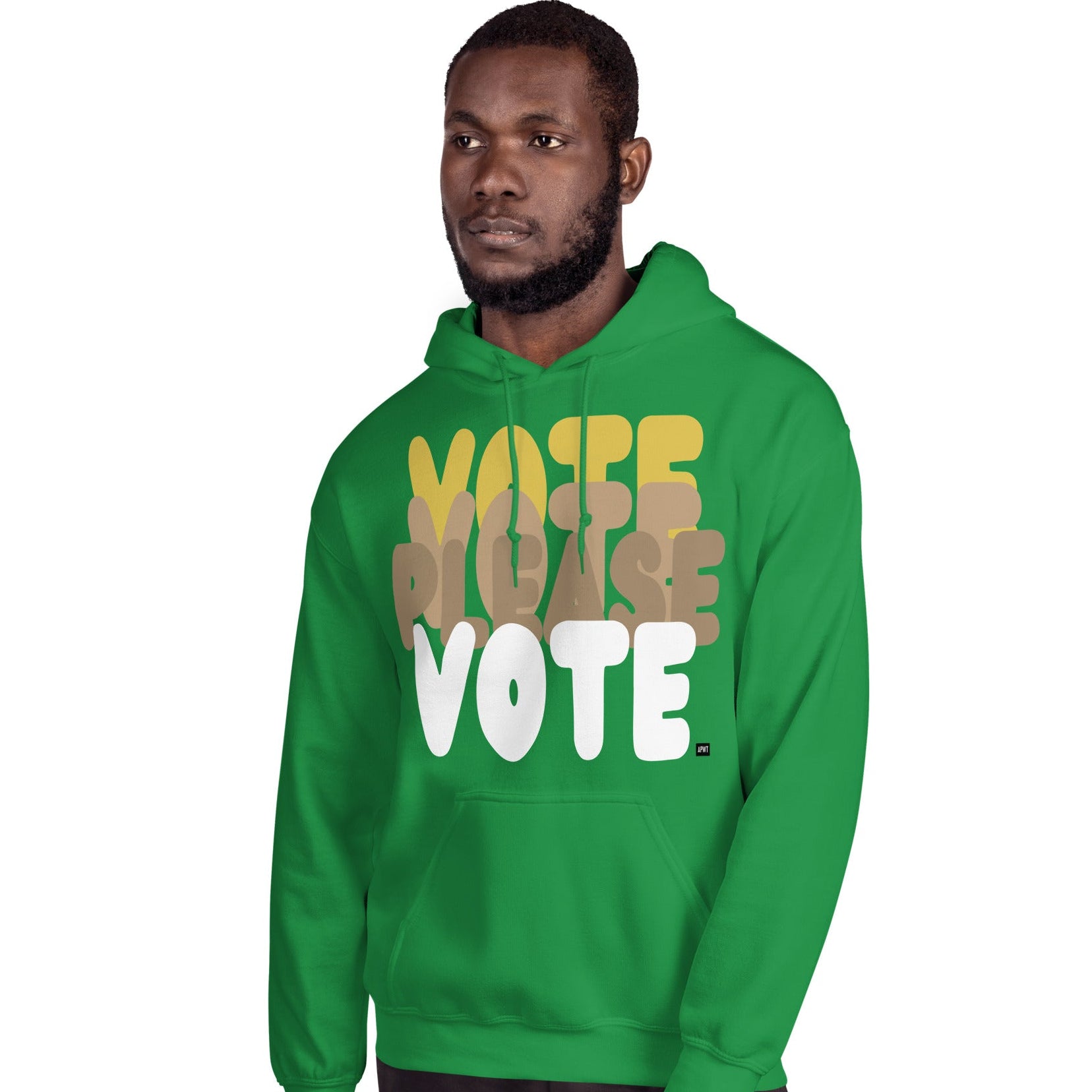Man wearing Please Vote in Green Spaces Unisex Hoodie from the APWT Gift Shop -  Vote Advocacy Sweatshirt