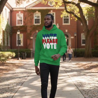 Man wearing the APWT Gift Shop's Please Vote Unisex Hoodie from the APWT Vote Shop in Green