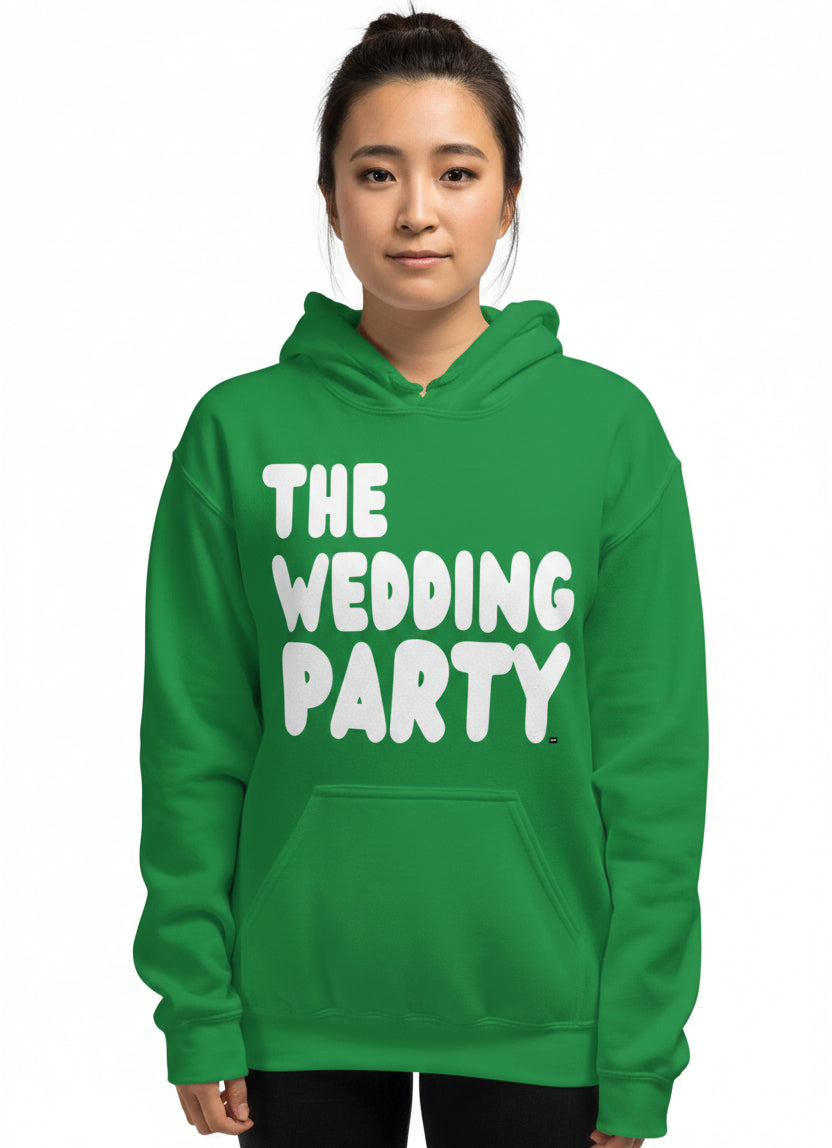 Woman wearing the APWT Gift Shop's The Wedding Party Unisex Hoodie from the APWT Wedding Shop in Green