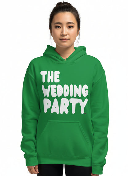 Woman wearing the APWT Gift Shop's The Wedding Party Unisex Hoodie from the APWT Wedding Shop in Green