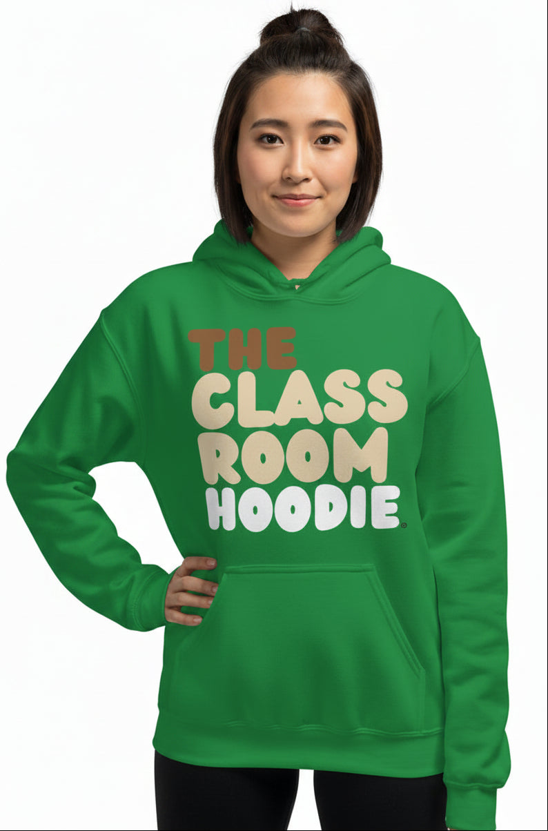 Young woman wearing The APWT Gift Shop's the Classroom Hoodie Unisex Hoodie from the Day in the Life Collection in green