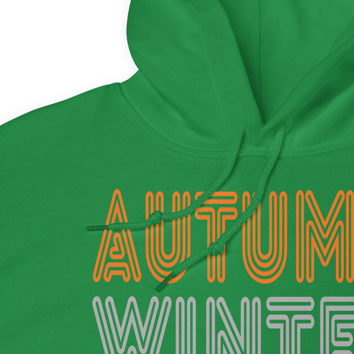 The drawstring of the hood of the APWT Gift Shop's Fall into Autumn Unisex Hoodie in Green from the Day in the Life Collection