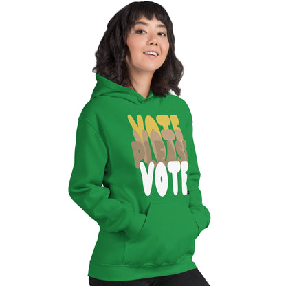 Woman wearing Please Vote in Green Spaces Unisex Hoodie from the APWT Gift Shop -  Vote Advocacy Sweatshirt