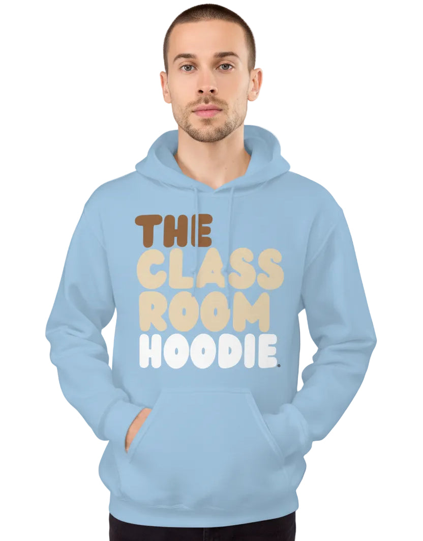 Teen boy wearing the APWT Gift Shop's the Classroom Hoodie Unisex Hoodie from the Day in the Life Collection in in light blue