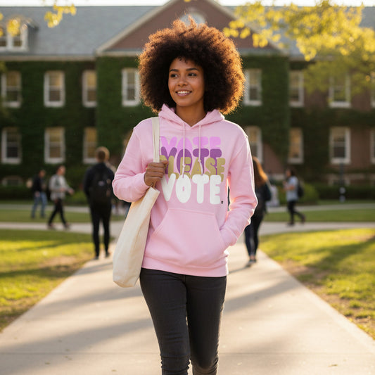Woman walking through a college campus wearing the APWT Gift Shop's Please Vote in Primaries Pink Unisex Hoodie from the APWT Vote Shop