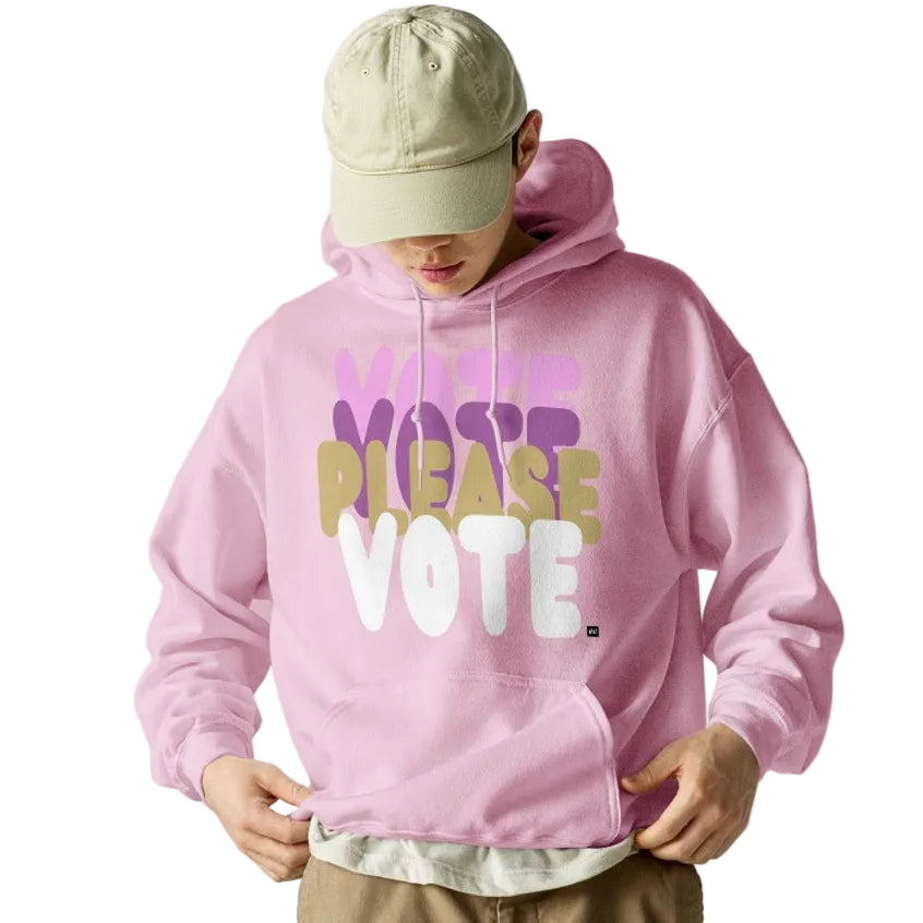 Man wearing Please Vote in Primaries Pink Unisex Hoodie from the APWT Gift Shop -  Vote Advocacy Sweatshirt