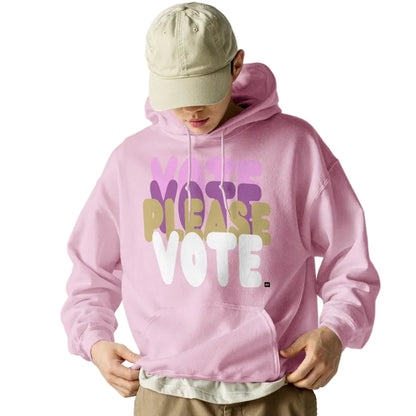 Man wearing Please Vote in Primaries Pink Unisex Hoodie from the APWT Gift Shop -  Vote Advocacy Sweatshirt