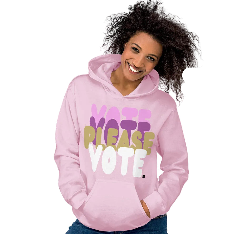 Woman wearing Please Vote in Primaries Pink Unisex Hoodie from the APWT Gift Shop -  Vote Advocacy Sweatshirt