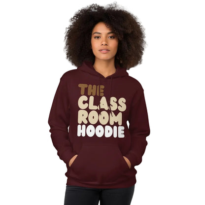 young woman wearing the APWT Gift Shop's the Classroom Hoodie Unisex Hoodie from the Day in the Life Collection in Maroon